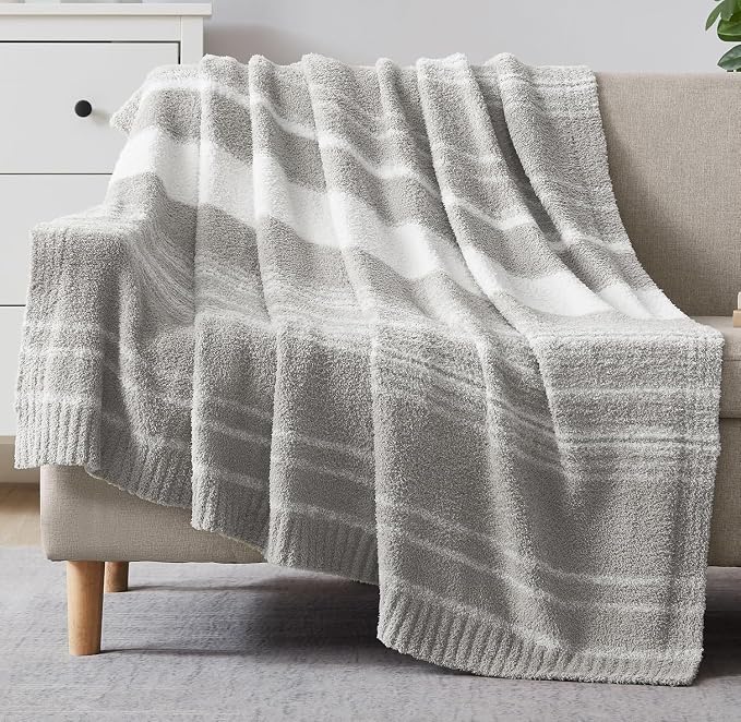 WRENGONGE Light Grey Throw Blanket, 50x70 Soft Cozy Striped Throw Blankets by WRENSONGE