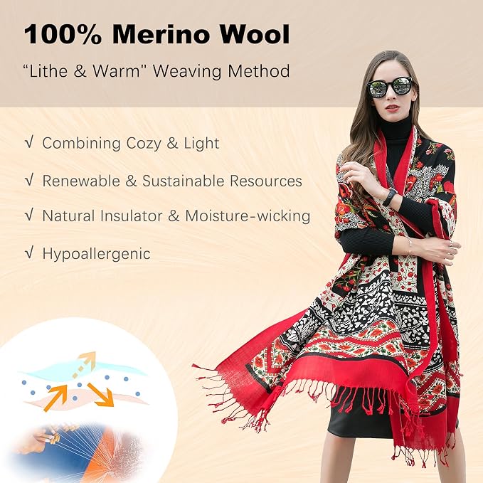 DANA XU 100% Merino Wool Extra Large Pashmina Blanket Travel Scarf Cashmere Wrap - Image 4