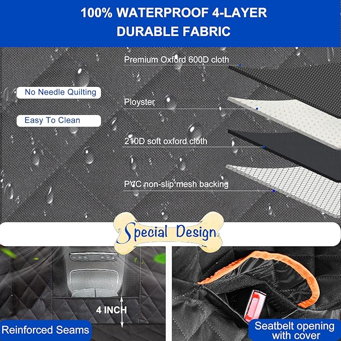Dog Car Seat Cover for Back Seat 600D Scratchproof Nonslip Durable Waterproof - Image 3