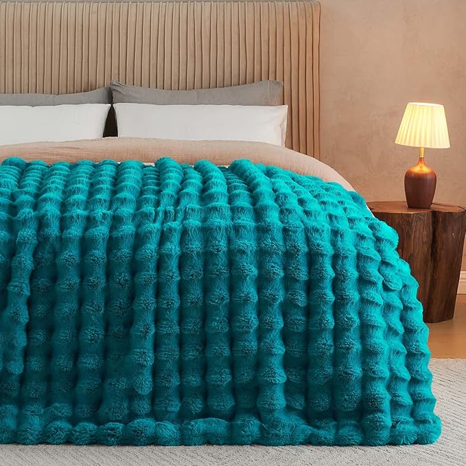 Lotus Karen Faux Fur Throw Blanket Teal by LotusKaren