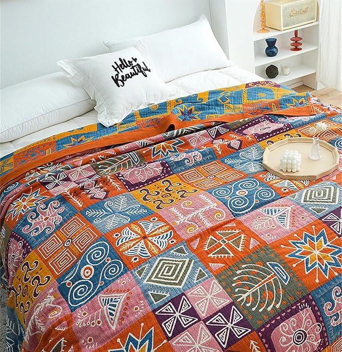 Cotton Throw Boho Blanket for Couch Bed, Cotton Quilted Boho 80''x90'' Muslin by MSGKVHomeTextiles