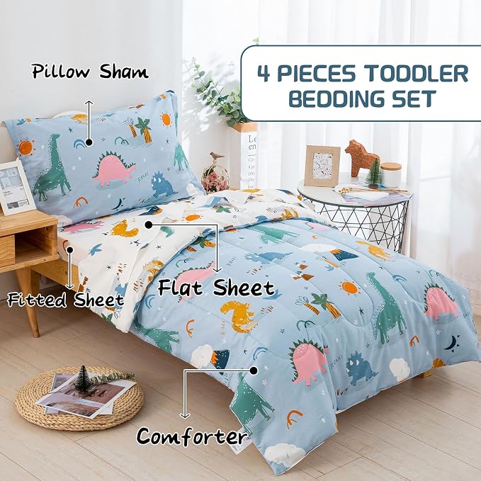 DJY 4 Pieces Cotton Toddler Bedding Set, Dinosaur Toddler Bed Comforter Set - Image 3