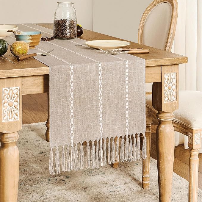 ZeeMart Farmhouse Braided Striped Table Runner, Rustic Beige Table Runners 48 - Image 2