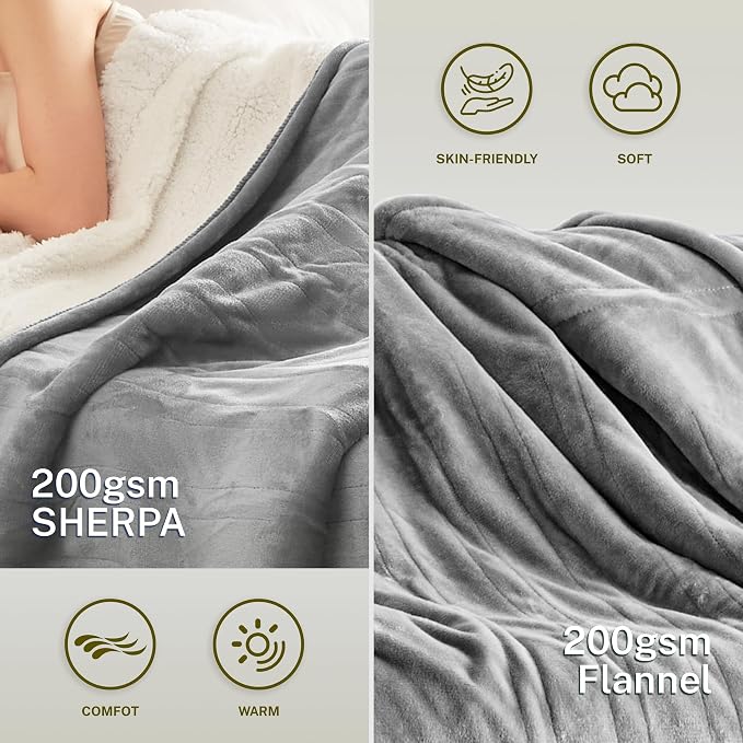 Heat Blanket 72”x84” Full Size, Soft Flannel & Sherpa Reversible Electric - Image 3