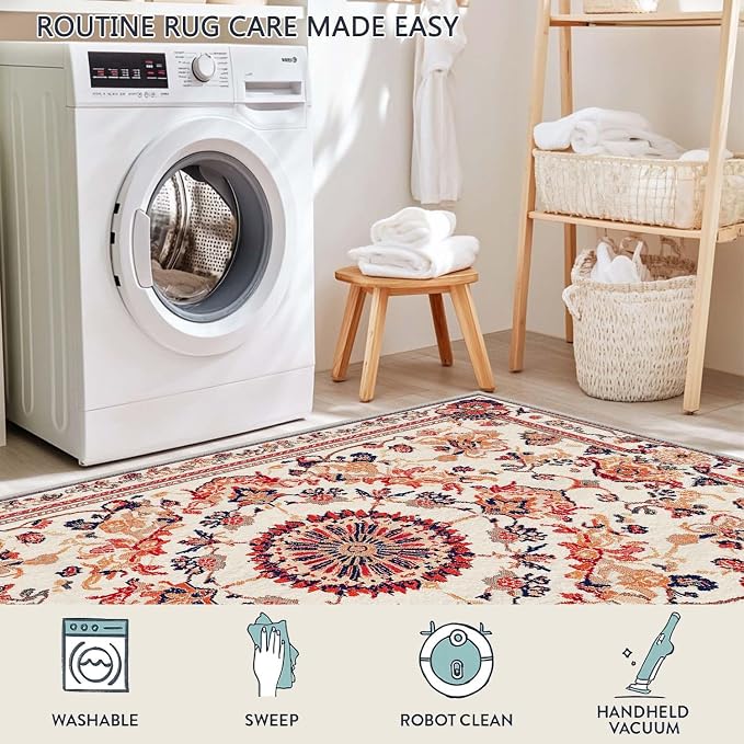 6x9 Traditional Oriental Area Rug Boho Orange White Rug Non Slip Low Pile Large - Image 7