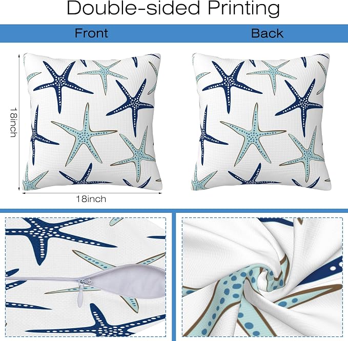 Throw Pillow Covers Nautical Starfish Pillow Covers 18x18 Inch Set of 2 Navy - Image 2