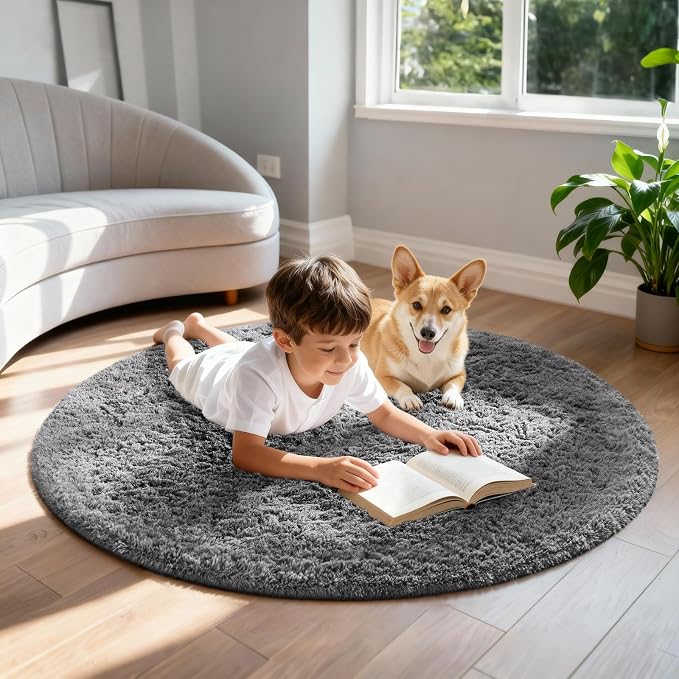Ophanie Round Rug 4Ft Grey Circle Area Rugs, Fluffy Fuzzy Small Bedroom Carpet - Image 2