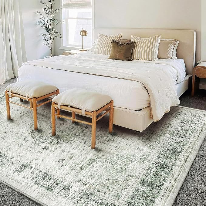 Washable Area Rug 9'x12' Retro Floral Green Boho Design Non-Shedding Easy Care - Image 2