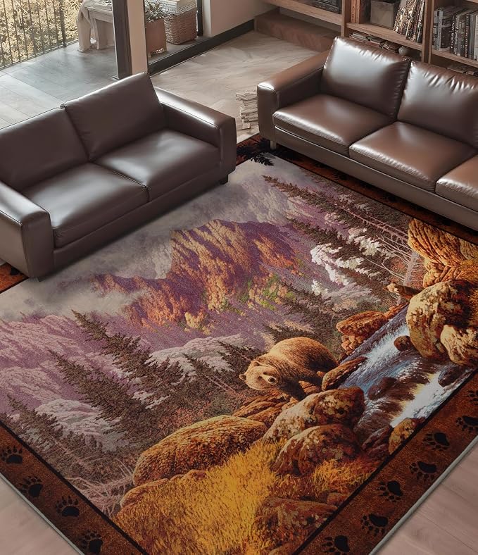 YIHOUSE Rustic Cabin Area Rug for Bedroom 8x10, Machine Washable Woodland Bear - Image 3