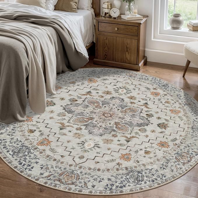 Tangsoo Vintage Round Rug 4ft Washable Circle Rug, Non Slip Small Boho Round Rug - Image 5