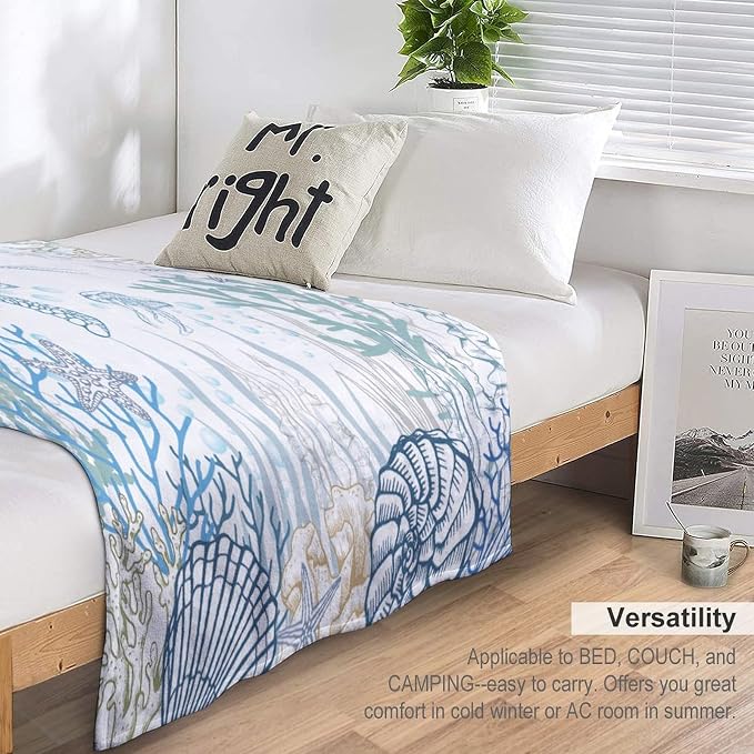 Nautical Turtle Throw Blanket, Coastal Sea Ocean Theme Coral Starfish Seashell - Image 5