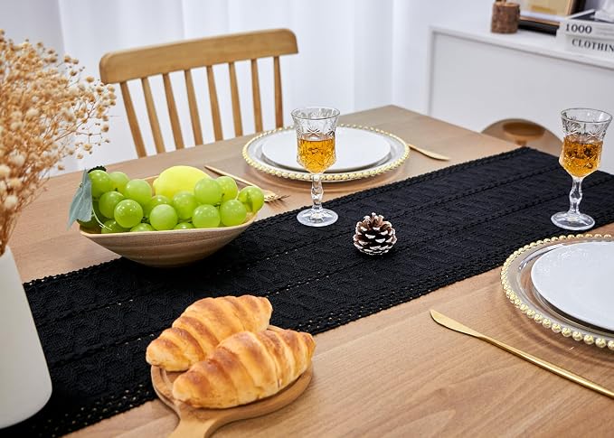 FEXIA Black Table Runner with Tassels 72 Inch Macrame Boho Farmhouse Table - Image 7