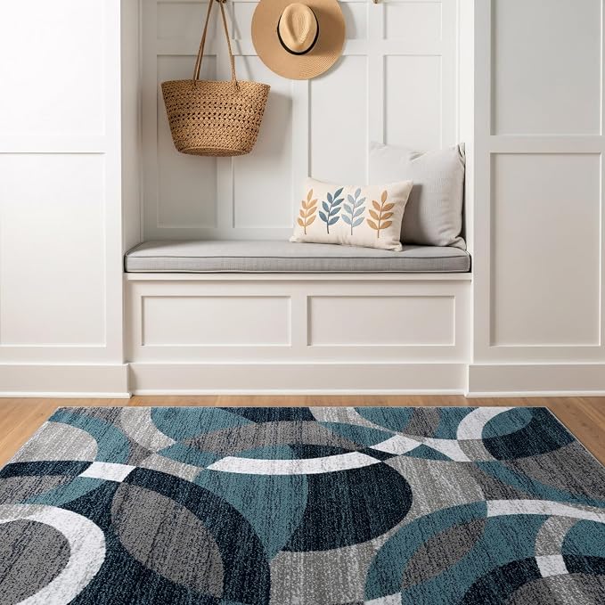 Rugshop Blue Modern Geometric Indoor Small Area Rug, Overlapping Circle Pattern by Rugshop