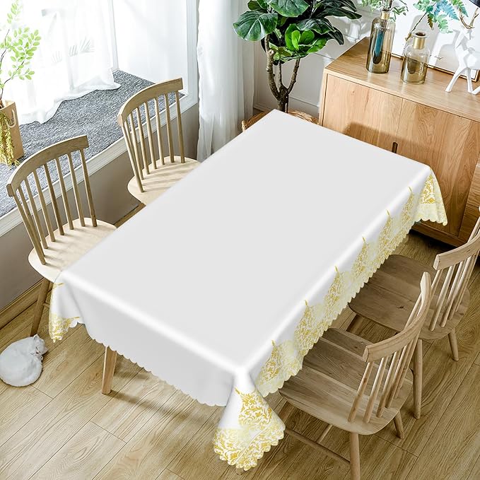 70x120inches White Rectangle Table Cloth Gold Floral Border Printed Decorative - Image 5
