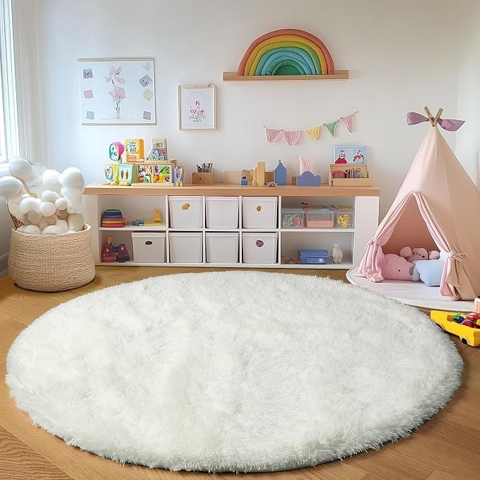 ONASAR Cream White Round Area Rugs 6ft, Fluffy Soft Bedroom Circle Rug Floor Mat - Image 4