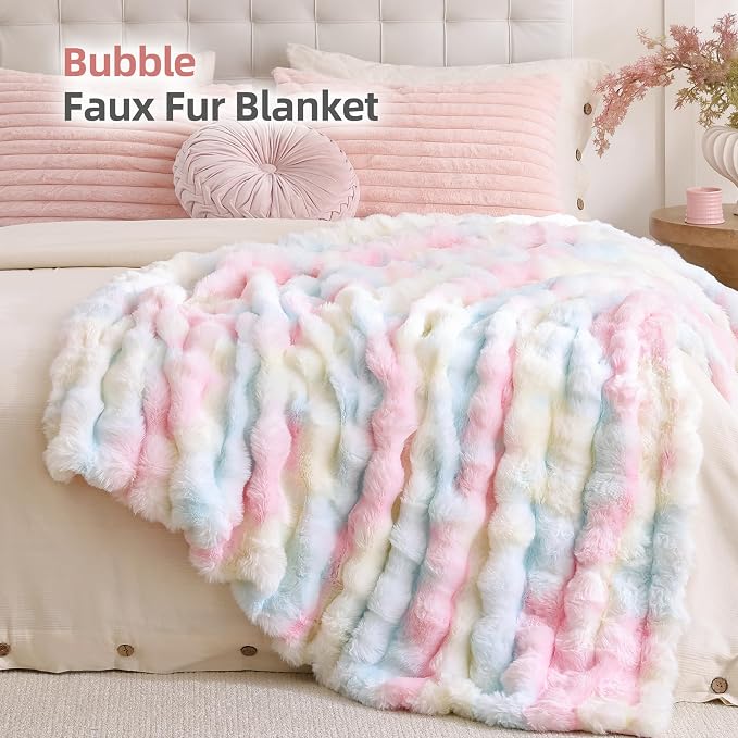 Smoofy Faux Fur Throw Blanket for Couch – Rainbow Fluffy Cozy Rabbit Fleece - Image 2
