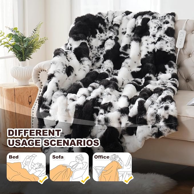 Cow Print Heating Throw Blankets Luxurious Western Soft Bubble Faux Rabbit Fur - Image 2