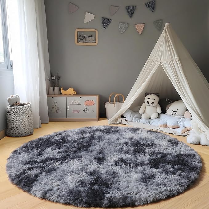 ONASAR Tie-Dyed Dark Grey Round Area Rug 4ft, Ultra Soft Bedroom Circle Rugs - Image 5