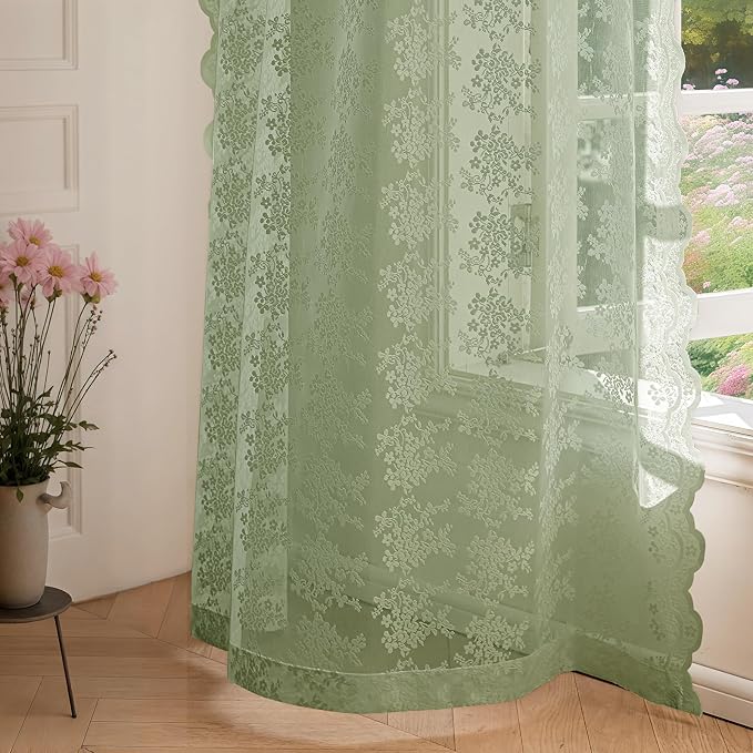 Anmao Vintage Sage Green Lace Curtains 84 Inches Long 2 Panels Sets, Romantic - Image 7