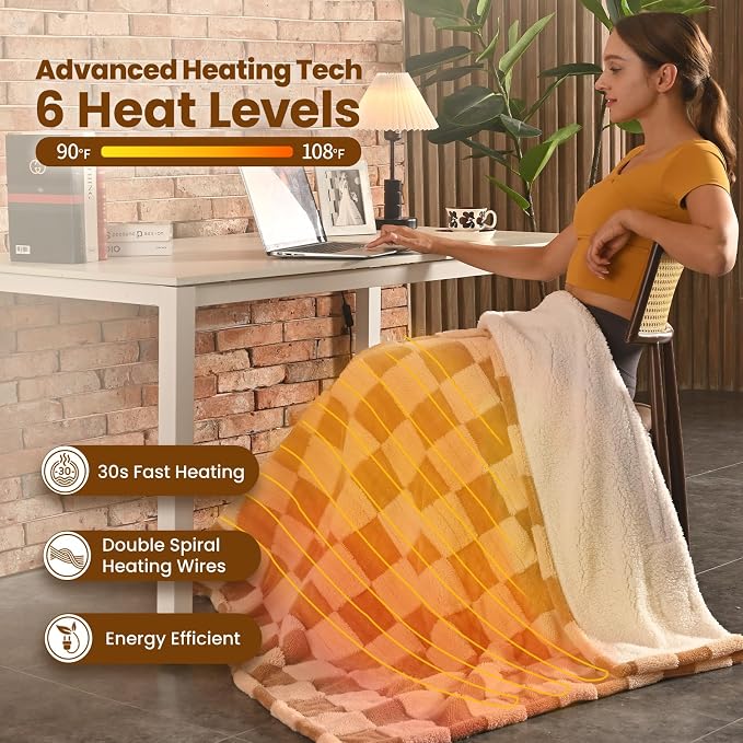 Bearhug Heated Throw Blanket 50" × 60", Electric Blanket Reversible Brown Plaid - Image 3