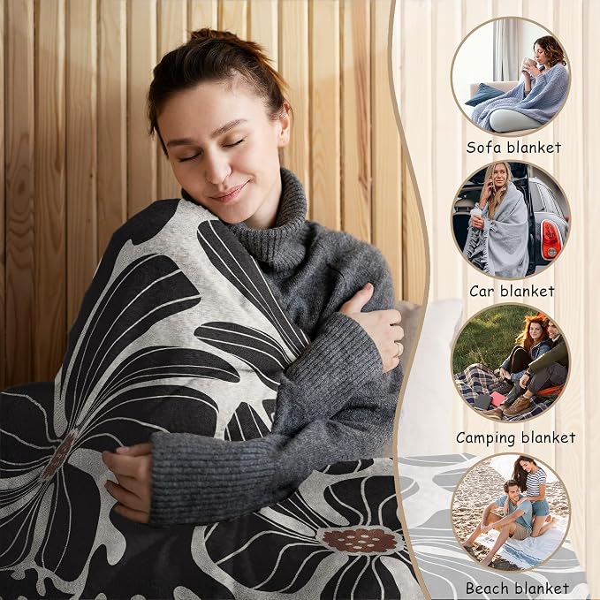 HIWX Boho Abstract Floral Blanket, Modern Abstract Boho Black Flower Throw - Image 3