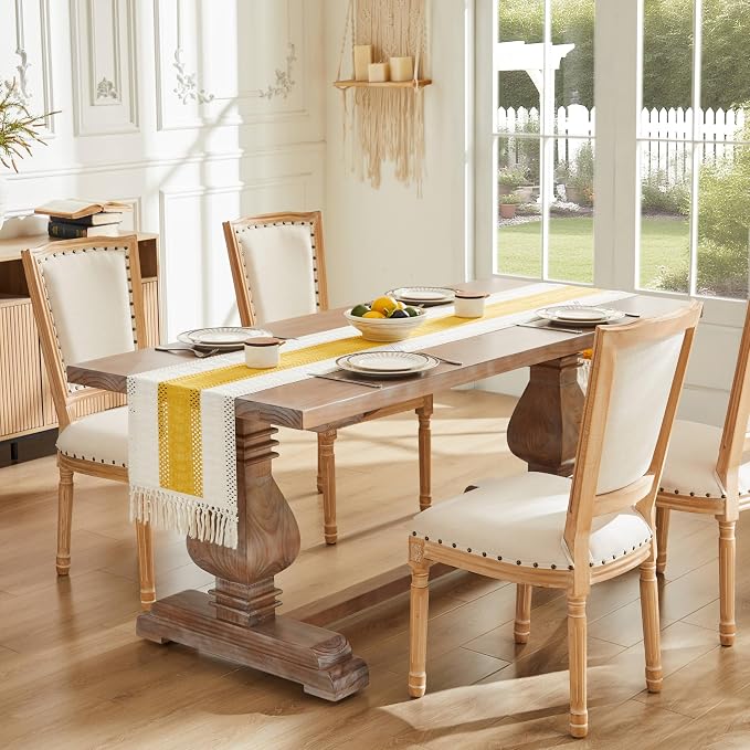 ZeeMart Macrame Style Bicolor Stitching Table Runner, 14 x 90 Inch Mustard/Ivory - Image 2