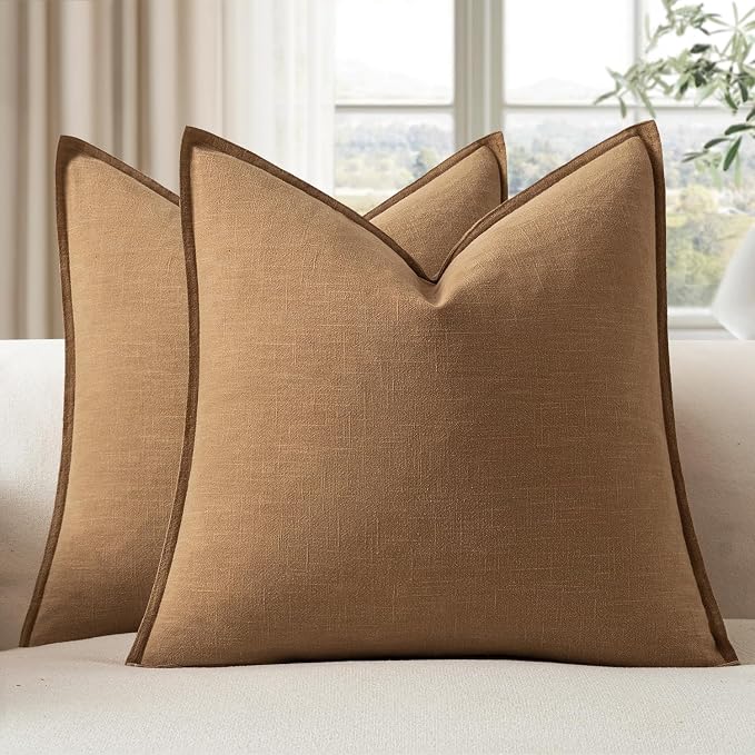 EMEMA Decorative Linen Throw Pillow Covers 24x24 Inch Brown Boho Farmhouse by EMEMA