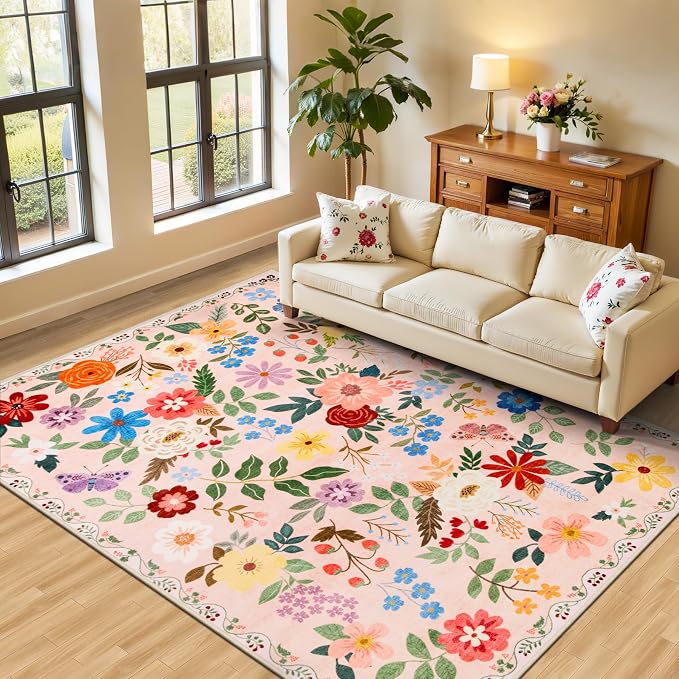 6x9 Area Rugs for Living Room: Floral Washable Rug Vintage Large Soft Boho by PLHXFRSoftAreaRugs