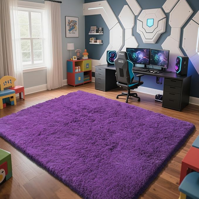 Purple Fluffy Rug Shaggy Area Rug, 8x10 Area Rugs - Image 2