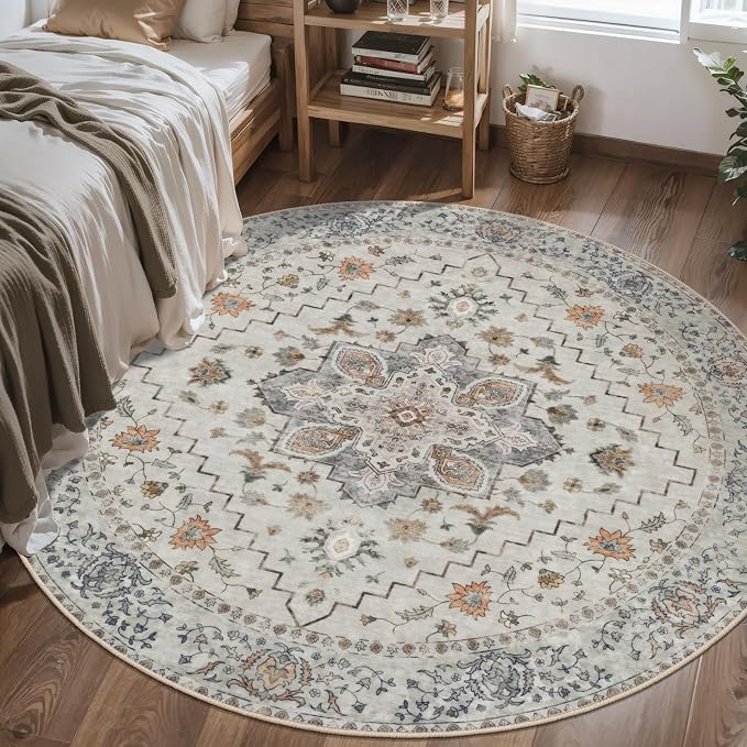 Tangsoo Vintage Round Rug 4ft Washable Circle Rug, Non Slip Small Boho Round Rug - Image 7