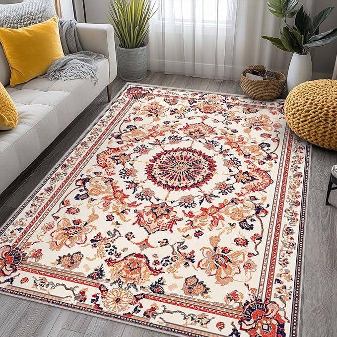 6x9 Traditional Oriental Area Rug Boho Orange White Rug Non Slip Low Pile Large - Image 2