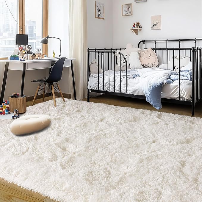 Cream White Plush Rug for Living Room Fuzzy Carpet for Bedroom Dorm, Non-Slip - Image 5