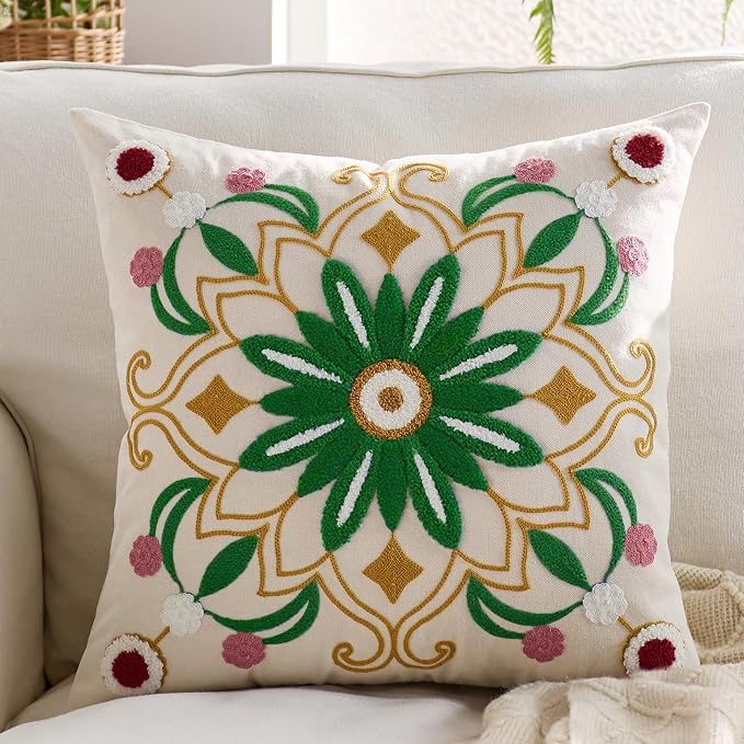 Embroidered Throw Pillow Cover 22x22 Classic Boho Floral Pattern Pillows Cover by Unknown