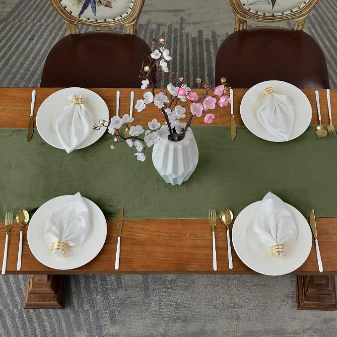 BALCONY & FALCON Velvet Table Runner 14"x95" Olive Luxury Machine Washable - Image 3
