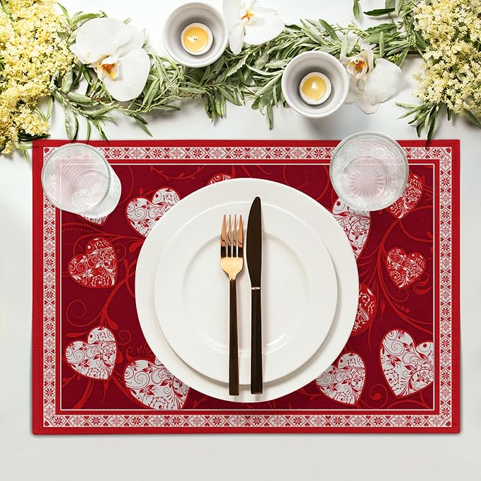 Giwawa Love Heart Placemats Set of 4, Valentines Day Red White Hearts Print - Image 3