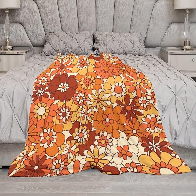 Vintage 70s Throw Blanket, Boho Hippie Bright Orange Flowers Groovy Abstract - Image 7