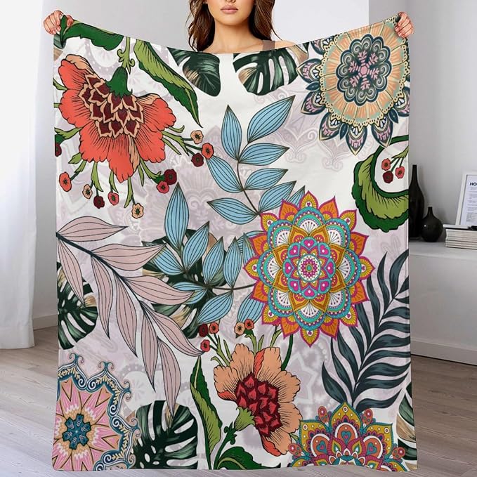Boho Flowers Blanket for Women Girls, Rustic Bohemian Mandala Palm Leaves - Image 8
