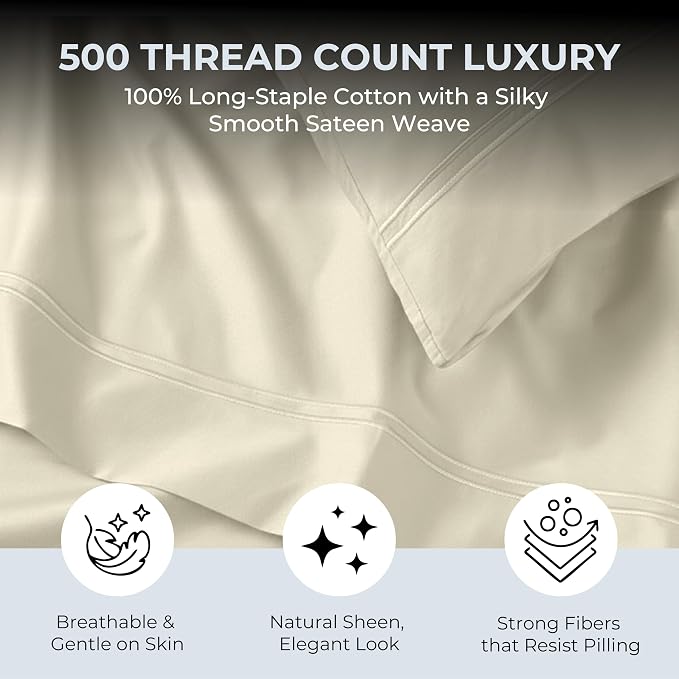100% Natural Cotton Bed Sheets | 500 TC Single-Ply Sateen Weave Full Size - Image 2