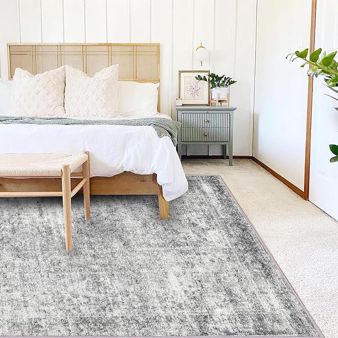 Area Rug 6x9 Washable Rug Gray Vintage Traditional Floor Cover Thin Rug Retro - Image 2