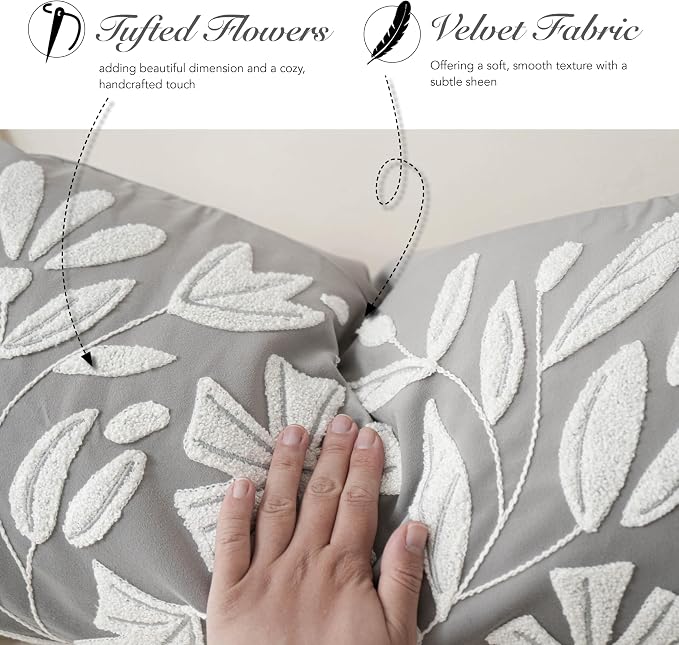 BlissBlush Grey Velvet Floral Decorative Throw Pillow Cover 20X20, Light Gray - Image 5