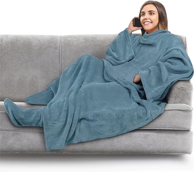 PAVILIA Fleece Blanket with Sleeves, Foot Pockets by PAVILIA