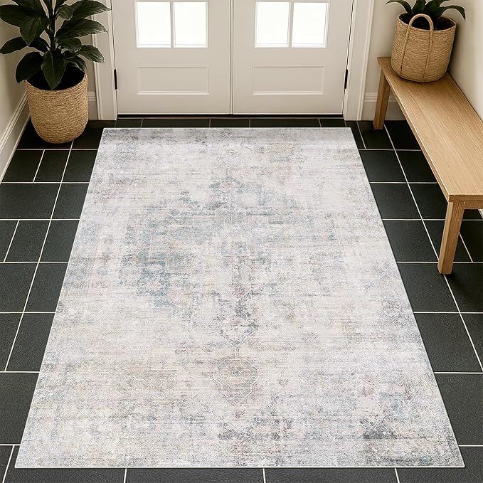 Washable Light Blue Rugs for Entryway Indoor by HazoHaus