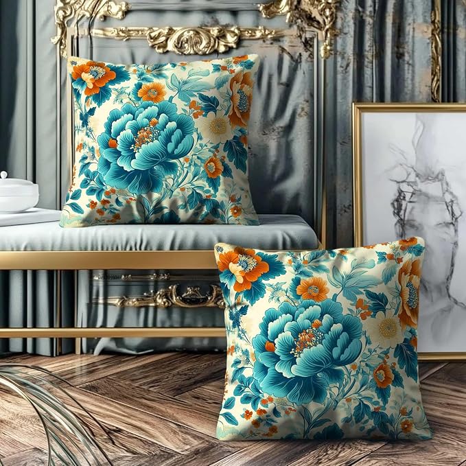 Turquoise Floral Throw Pillow Covers Set of 2 | Teal Vintage Flower Pillow Cases - Image 4