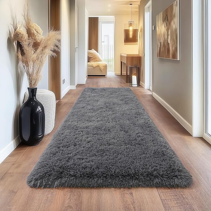 Deep Grey Runner Rug for Hallway, Bedroom Bedside Plush Rugs, Non Slip Fluffy - Image 3
