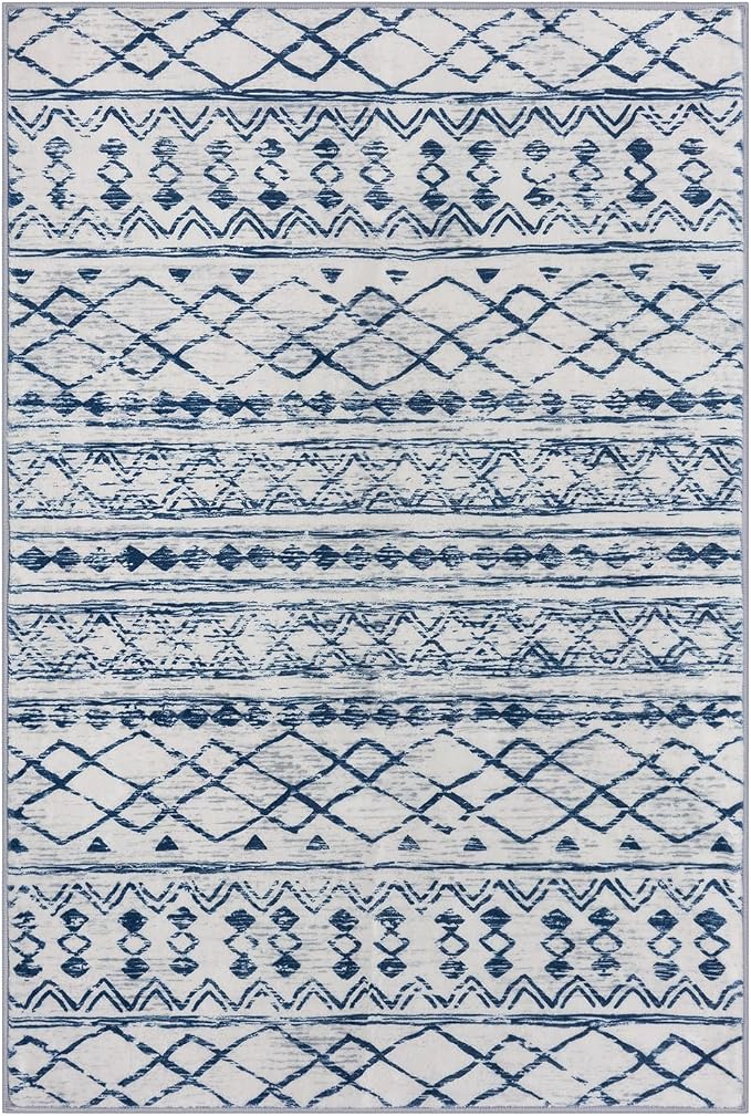 KUTA Area Rug 5x7, Moroccan Large Blue White Rugs Washable Boho Non-Slip - Image 8