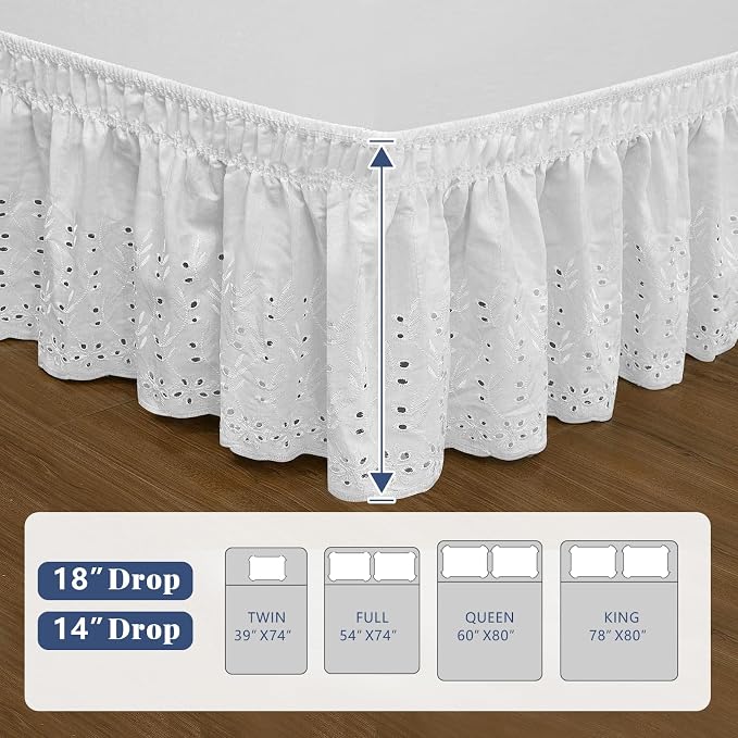 Queen Bed Skirt, Wrap-Around Elastic Ruffled Eyelet Bed Skirt Queen Size Dust - Image 2