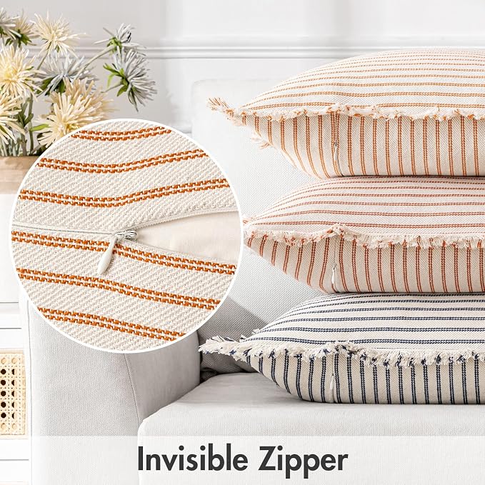 MIULEE Pack of 2 Orange Throw Pillow Covers 24x24 Inch Striped Farmhouse Couch - Image 4