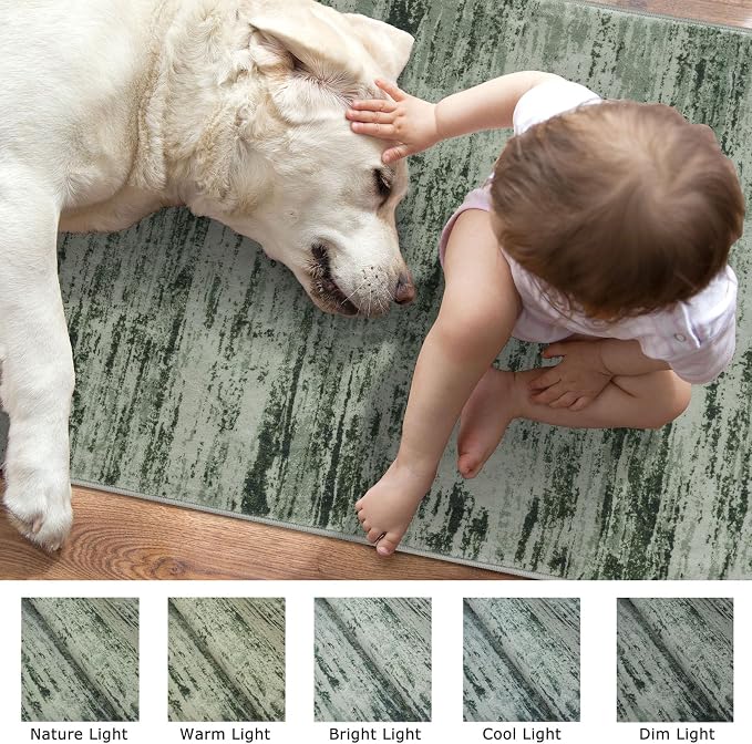 Modern Abstract Hallway Runner Rug, Forest Green Washable Kitchen Runner - Image 7