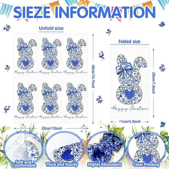 Peryiter 100 Pcs Easter Blue White Bunny Paper Napkins 13 x 15.7 Inch Retro - Image 2