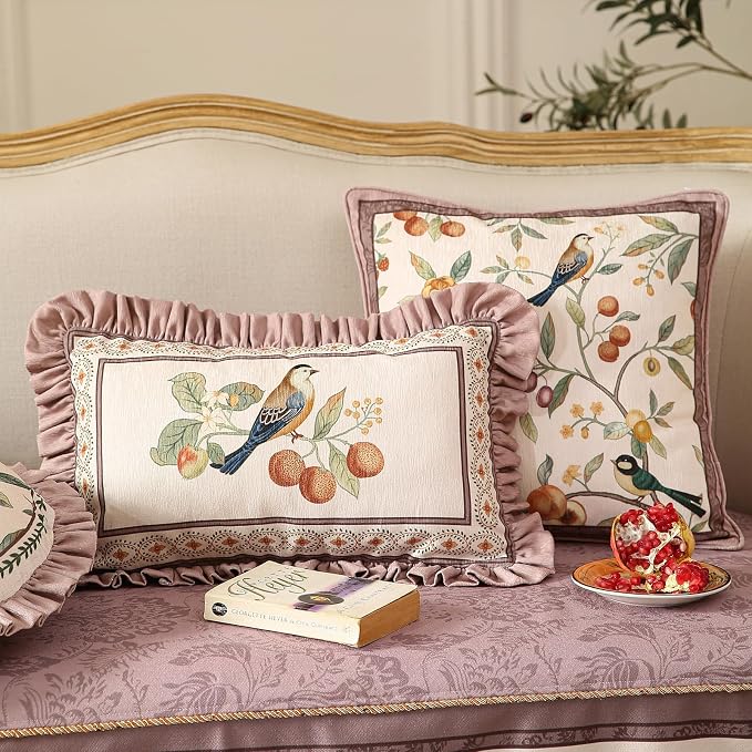 Pink Rectangle Farmhouse Throw Pillow Covers, Birds and Flowers Pattern Cozy - Image 7